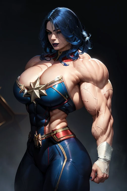 ((((Massive, beautiful, buff, pale white skinned muscular woman with royal blue hair, black lipstick, ginormous bulky muscles, wearing a royal blue captain marvel suit with pants)))), vascular body, massive muscle, ((massive biceps)), hyper muscle triceps, (long curly wavy hair), white eyes, hero boots, hero gloves and spiked gauntlets, in the void of space, evening, smirk, hyper muscles arms, hyper muscle legs, massively buff arms.