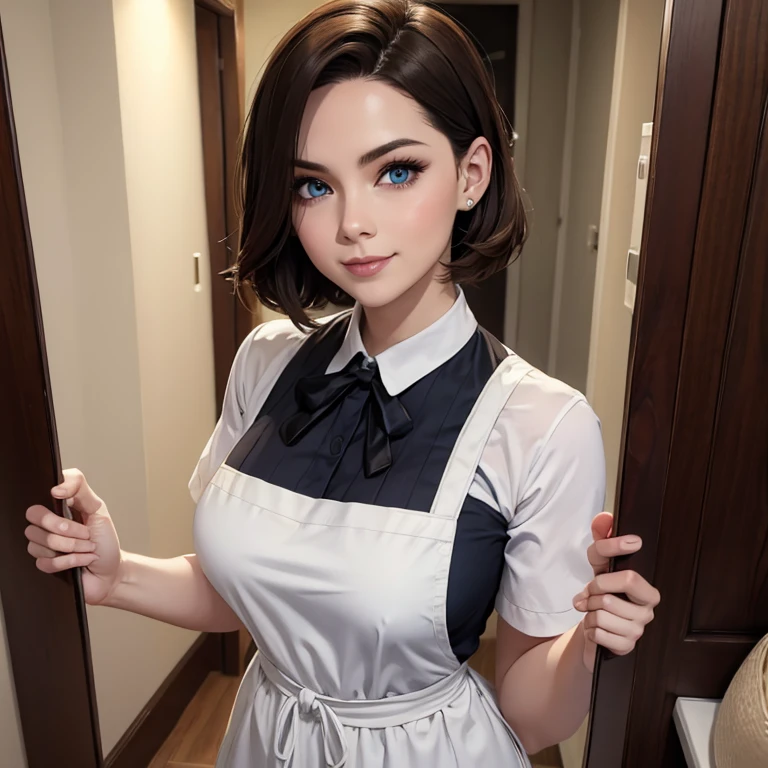 Woman with short brown hair blue eyes firm body perfect breasts black maid uniform white apron cheerful face standing taking a selfie 