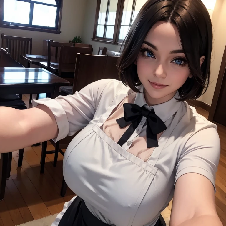 Woman with short brown hair blue eyes firm body perfect breasts black maid uniform white apron cheerful face standing taking a selfie