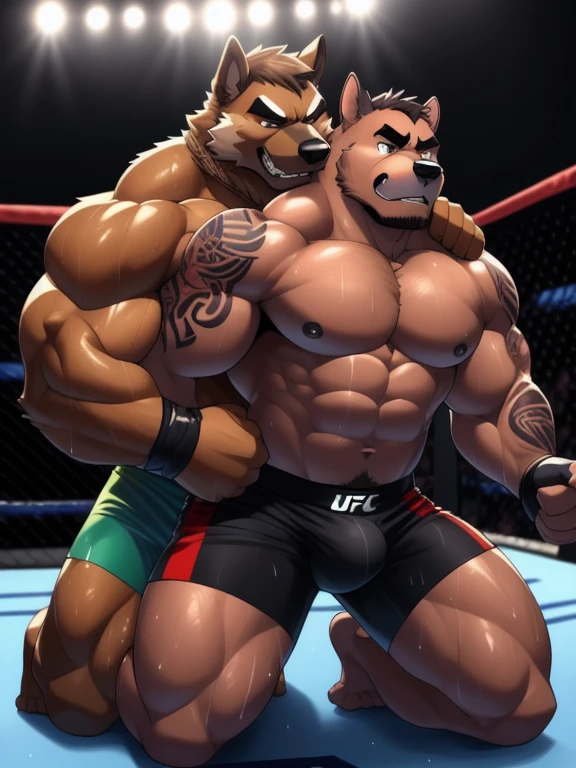 Duo male fighters(Brown Dog vs Brown Dog, handsomes, perfect eyes, Thick eyebrows), beso gay(They are kneeling around his neck from behind, Trying to escape from a chokehold, in a UFC match), hot(Full body, shirtless), handsomes(They are handsomes, correct anatomy), musculosos(Big muscle bodies, Six packs, muscle abs, big pecs, muscle legs, muscle backs), sweaty(very sweaty wet bodies), tatuajes(they have tattoos), Angry(They have an angry expression), UFC gloves(They both are wearing UFC gloves), Boxers(They are wearing Black boxers, big bulges), Hight resolution, Black background