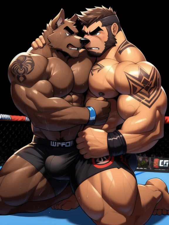 Duo male fighters(Brown Dog vs Brown Dog, handsomes, perfect eyes, Thick eyebrows), beso gay(They are kneeling around his neck from behind, Trying to escape from a chokehold, in a UFC match), hot(Full body, shirtless), handsomes(They are handsomes, correct anatomy), musculosos(Big muscle bodies, Six packs, muscle abs, big pecs, muscle legs, muscle backs), sweaty(very sweaty wet bodies), tatuajes(they have tattoos), Angry(They have an angry expression), UFC gloves(They both are wearing UFC gloves), Boxers(They are wearing Black boxers, big bulges), Hight resolution, Black background