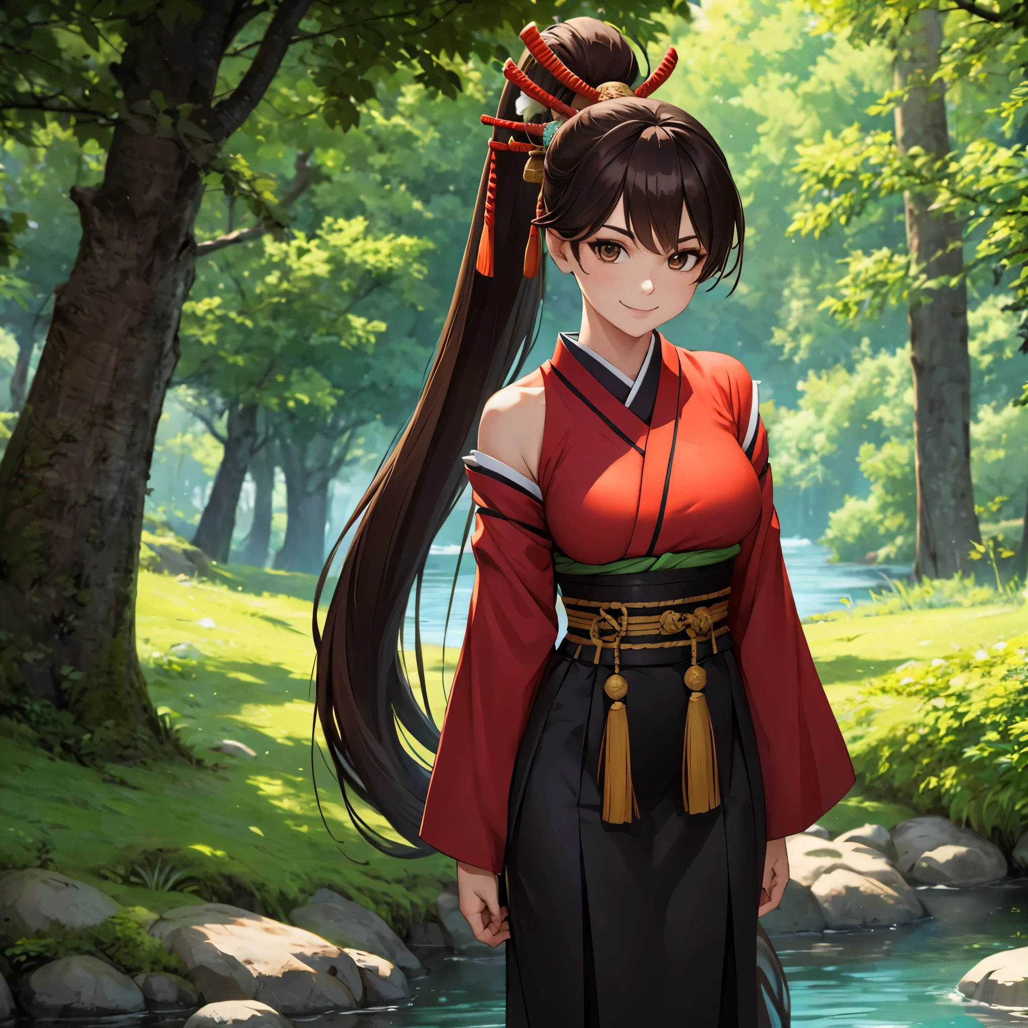 A woman wearing traditional samurai uniform, long brown hair, ponytail hair, long black skirt, in a Japanese themed forest, with a lake, trees providing shade, brown eyes, smiling,  HDR, ultra resolution, well defined, masterpiece, 8K HD (woman solo )
