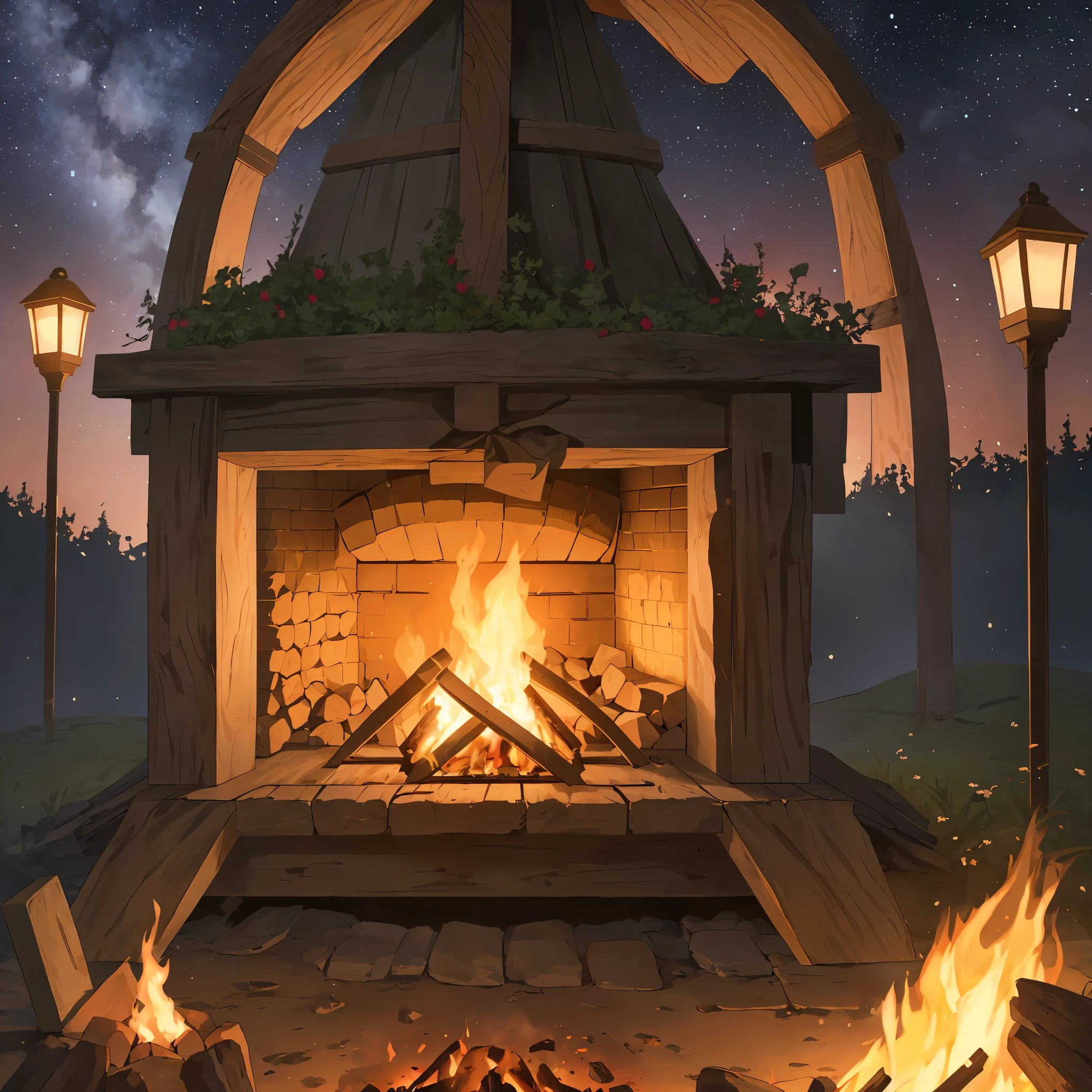 (best quality,4k,8k,highres,masterpiece:1.2),ultra-detailed,realistic,photorealistic:1.37,warm campfire night scene,crackling wood fire,people gathered around,cozy atmosphere,sparkling firelight,night sky full of stars,portraits,painting,horror,realistic colors,warm lighting,stars shining,peaceful ambiance,vivid colors