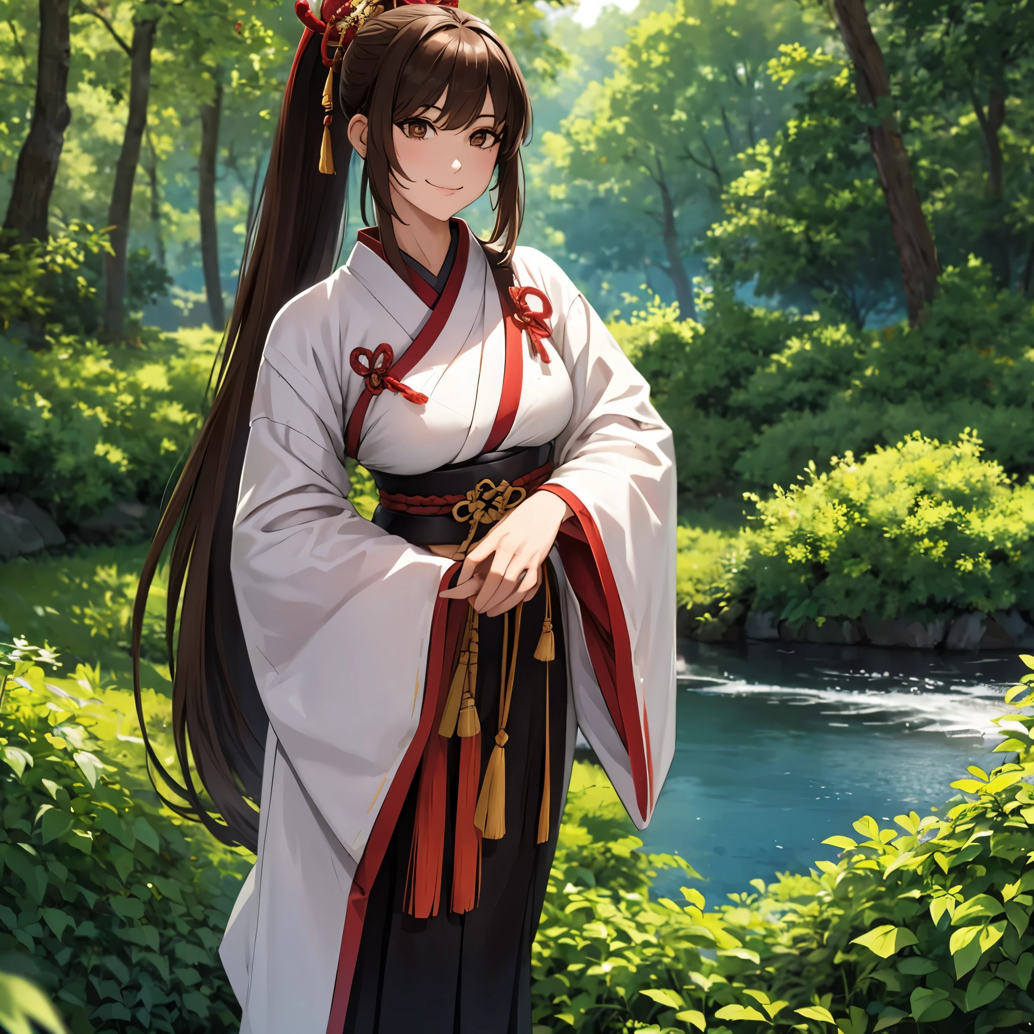 A woman wearing traditional samurai uniform, long brown hair, ponytail hair, long black skirt, in a Japanese themed forest, with a lake, trees providing shade, brown eyes, smiling,  HDR, ultra resolution, well defined, masterpiece, 8K HD (woman solo )
