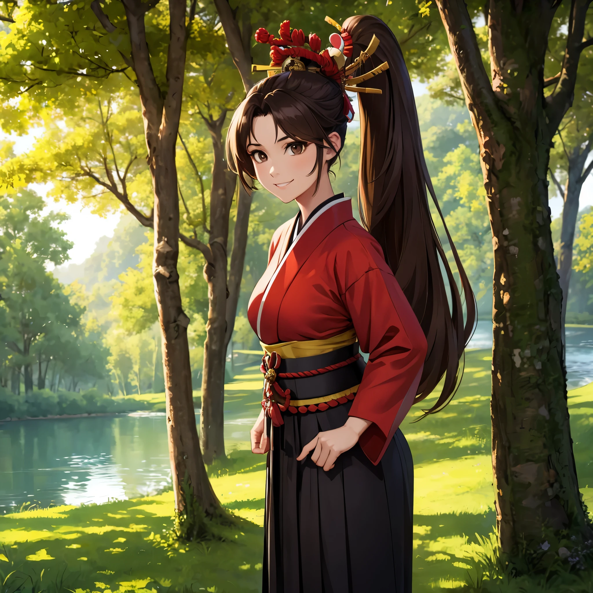 A woman wearing traditional samurai uniform, long brown hair, ponytail hair, long black skirt, in a Japanese themed forest, with a lake, trees providing shade, brown eyes, smiling,  HDR, ultra resolution, well defined, masterpiece, 8K HD (woman solo )
