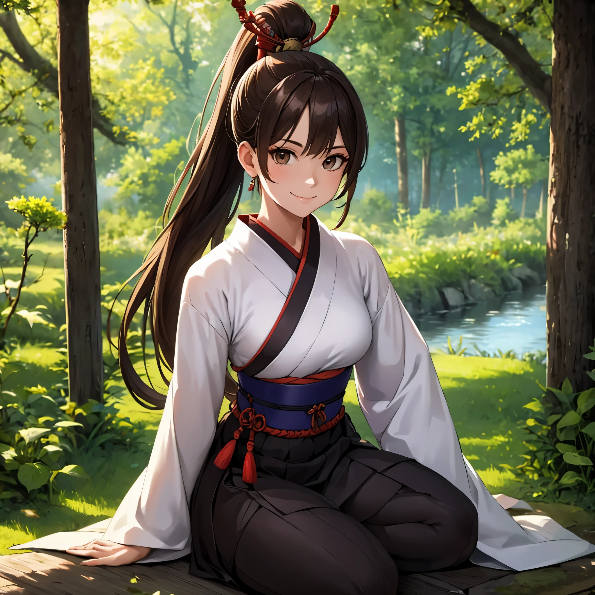 A woman wearing traditional samurai uniform, long brown hair, ponytail hair, long black skirt, in a Japanese themed forest, with a lake, trees providing shade, brown eyes, smiling,  HDR, ultra resolution, well defined, masterpiece, 8K HD (woman solo )
