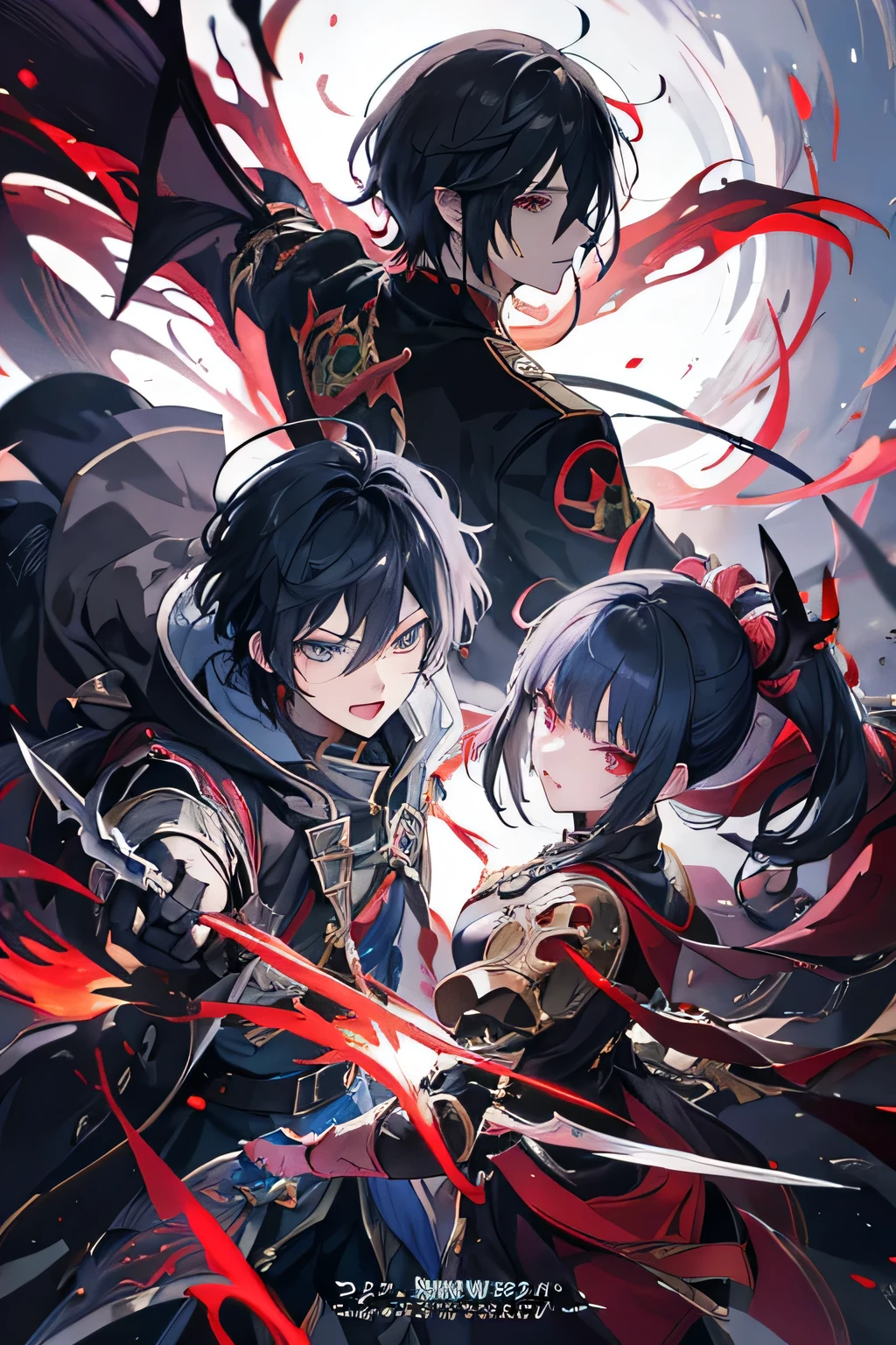 Anime boy fighting a dragon, shadow young wizard, Epic anime style, anime key artโดยละเอียด, Shadowverse style, Fantasy style anime, Demon Man, anime key art, conjunctivitis, black hair, chief'uniform,Fencing,