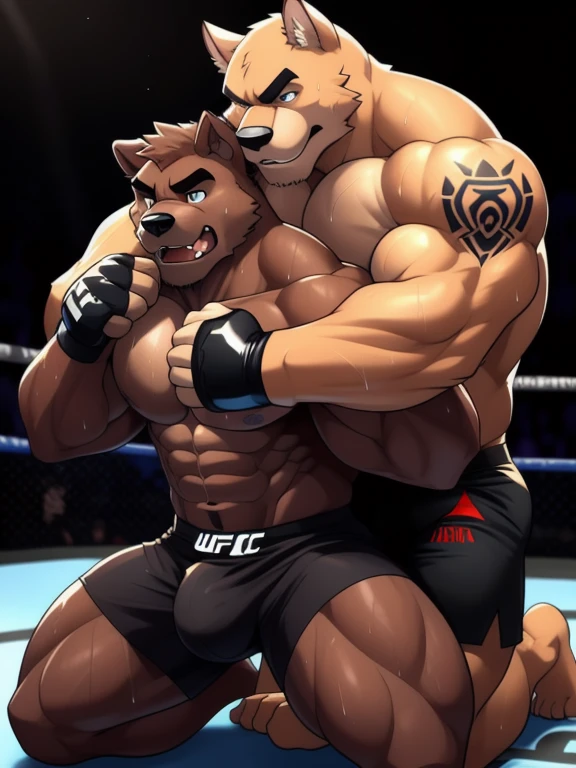 Duo male fighters(Brown Dog vs Brown Dog, handsomes, perfect eyes, Thick eyebrows), beso gay(kneeling around his neck from behind, Trying to escape from a chokehold, in a UFC match), hot(Full body, shirtless), handsomes(They are handsomes, correct anatomy), musculosos(Big muscle bodies, Six packs, muscle abs, big pecs, muscle legs, muscle backs), sweaty(very sweaty wet bodies), tatuajes(they have tattoos), Angry(They have an angry expression), UFC gloves(They both are wearing UFC gloves), Boxers(They are wearing Black boxers, big bulges), Hight resolution, Black background 