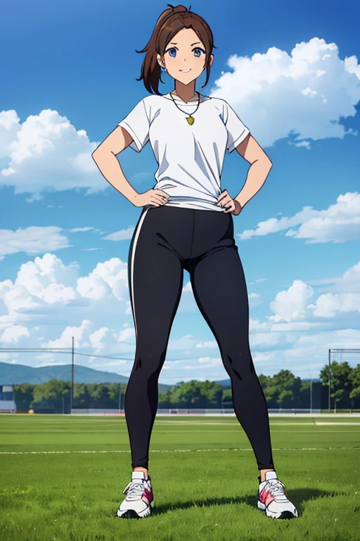 [((masterpiece)), ((HD)), ((high res)), ((full body portrait)), ((waist-up)), ((front view)), ((detailed shading)), ((soft textures)), ((intricate details)), ((anime girl)), ((cinematic)), {attractive; ((athletic 36 year old woman)), (brown hair), (short ponytail), (cute blue eyes), ((athletic body)), (curvy hips), (beautiful legs), (cute grin)}, {(white T-shirt), (Black gym sweat pants), (whistle necklace), (black tennis shoes)}, {(standing), (hands on hips), (looking ahead), (looking at viewer)}, [background; (grass plains), (school soccer field), (blue sky), (clouds in sky), (ambient lighting)]
