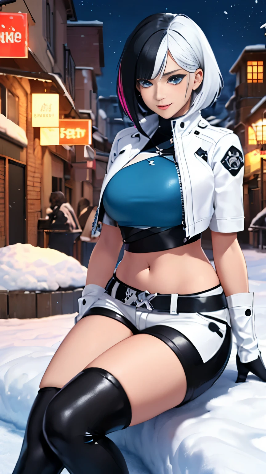 (Highly quality, masterpiece, detailed), night snowing city detailed scenario, night snowing city detailed background, 20 years old girl, solo, luna_snow, happy faces, black hair, white hair, multi-colored hair, short hair, blue eyes, white eyes, multicolored eyes, black Leather crop top jacket, white leather shorts, white midriff, blue midriff, multicolored midriff, black gloves, white gloves, multi colored gloves, sitting on pile of snow ,navel, perfect face, beautiful eyes, looking at the viewer, Sexy pose