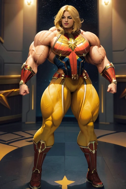 ((((Massive, beautiful, buff, light brown skinned muscular woman with yellow hair, black lipstick, ginormous bulky muscles, wearing a yellow captain marvel suit with pants)))), vascular body, massive muscle, ((massive biceps)), hyper muscle triceps, (flowing long hair), gray eyes, hero boots, hero gloves and spiked gauntlets, in the void of space, evening, smirk, hyper muscles arms, hyper muscle legs, massively buff arms.