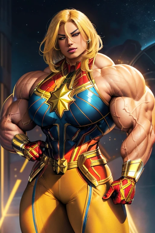 ((((Massive, beautiful, buff, light brown skinned muscular woman with yellow hair, black lipstick, ginormous bulky muscles, wearing a yellow captain marvel suit with pants)))), vascular body, massive muscle, ((massive biceps)), hyper muscle triceps, (flowing long hair), gray eyes, hero boots, hero gloves and spiked gauntlets, in the void of space, evening, smirk, hyper muscles arms, hyper muscle legs, massively buff arms.