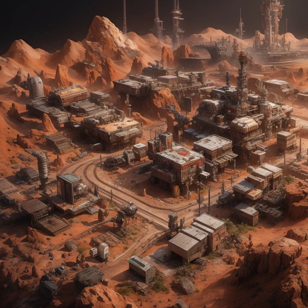 3598年Mars realistic model, (bifurcation, original photo, best quality, masterpiece:1.4),SteampunkCyberpunk6820 City,(CyberpunkMars light:1.3), Mars (related to land),(in a small nature box:1.3),Isometric, small nature, landscape on foundation,landscape,