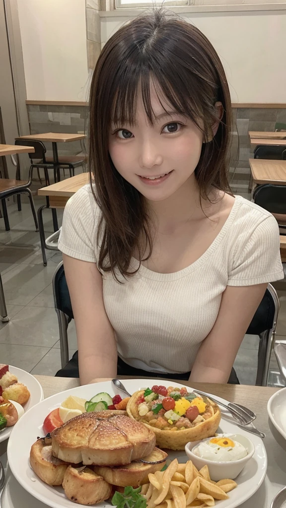 Best Quality、Detailed Background、With a girl、big、cafeteria、bird、summer、summer休み、Realistic、Hotel breakfast、Viking、Lots of food with a happy smile