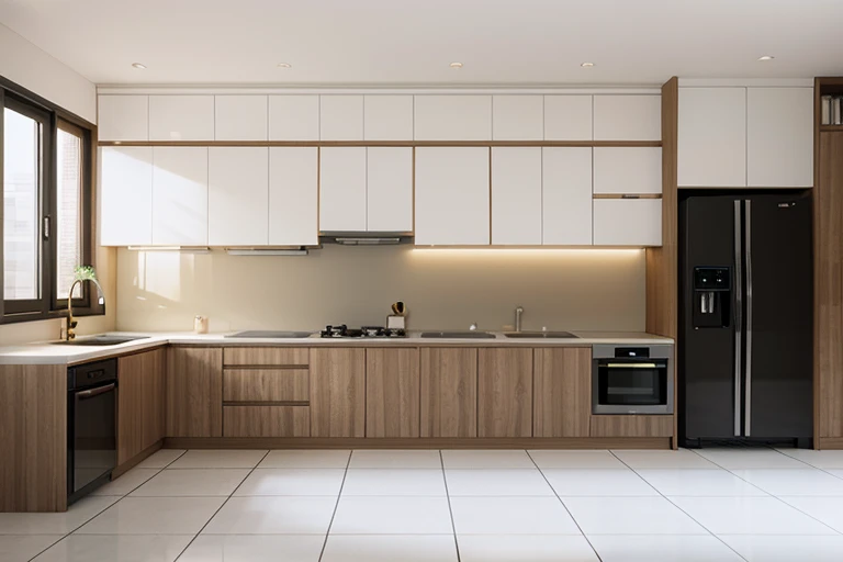 morden kitchen  design,Super sharp like photos taken with a professional camera, (Masterpiece,best quality,8k uhd,dslr,soft lighting,high quality,hyper detail,film grain,Fujifilm XT3, UE 5 render 8k, super high resolution, supper detail:1.2), color block wall decor, Cream color block wall decor, glossy floor, (((volumetric light))), dark tone, glossy floor