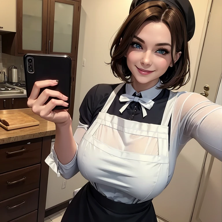 Woman with short brown hair blue eyes firm body perfect breasts black maid uniform white apron cheerful face standing taking a selfie 