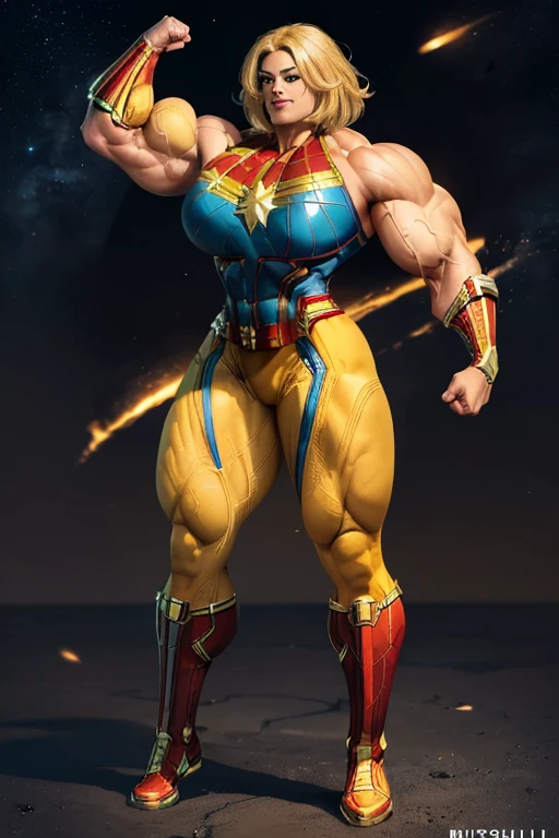 ((((Massive, beautiful, buff, light brown skinned muscular woman with yellow hair, black lipstick, ginormous bulky muscles, wearing a yellow captain marvel suit with pants)))), vascular body, massive muscle, ((massive biceps)), hyper muscle triceps, (flowing long hair), gray eyes, hero boots, hero gloves and spiked gauntlets, in the void of space, evening, smirk, hyper muscles arms, hyper muscle legs, massively buff arms.