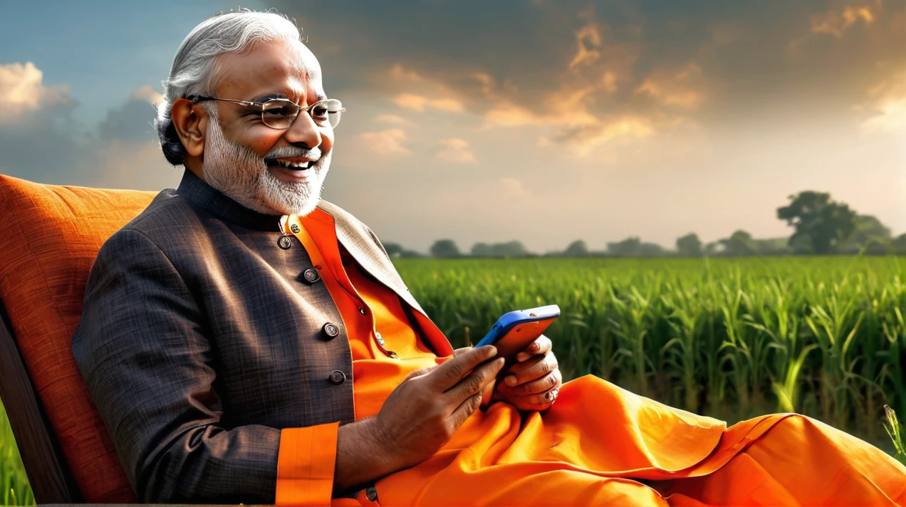(realistic:1.3), finely detailed, quality, rembrandt lighting, (masterpiece:1.2), (photorealistic:1.2), (best quality), (detailed skin:1.3), (intricate details), dramatic, ray tracing, (Meadow, Sun, Clouds, Field, Farming, Starlight,( sitting ),Prime Minister of india Narendra Modiji dressed up a Orange Kurta and pajama,Smile in face, Playing Free fire on tablet, sitting in the chair and table where Indian flag is sitauted, Ultra quality, show proper details