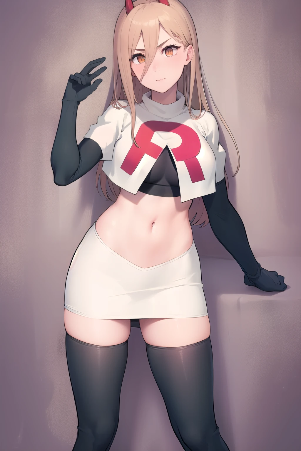 (masterpiece, best quality:1.2), solo, 1girl, power \(csm\), cross-shaped pupils, team rocket,team rocket uniform,white skirt,red letter R,crop top,black thigh-highs,black elbow gloves