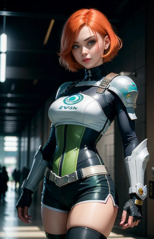 Gwen Tennyson,1girl,ensolarado,fechar para cima,CIDADE CYBERPUNK,nave espacial,steel armor, Uniforme Supergirl, steel corset,cinta-liga,top de lycra de manga comprida,Shorts de Lycra,short hair, brincos de prata,segurando um blaster, goth makeup,olhos verdes,orange hair,Destaques do cabelo roxo,Shy smile, Sardas,redhead,Beautiful girl,seios grandes,ultra detalhado,Realistic,arte de fantasia,