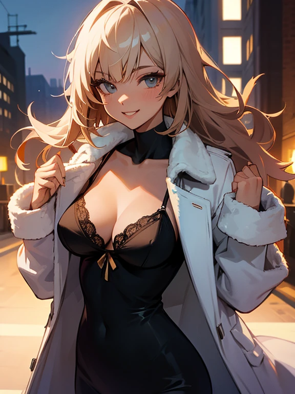 a sexy woman, lingerie, coat, smile, city at night, highly detailed, HD, 4K, Masterpiece, highres