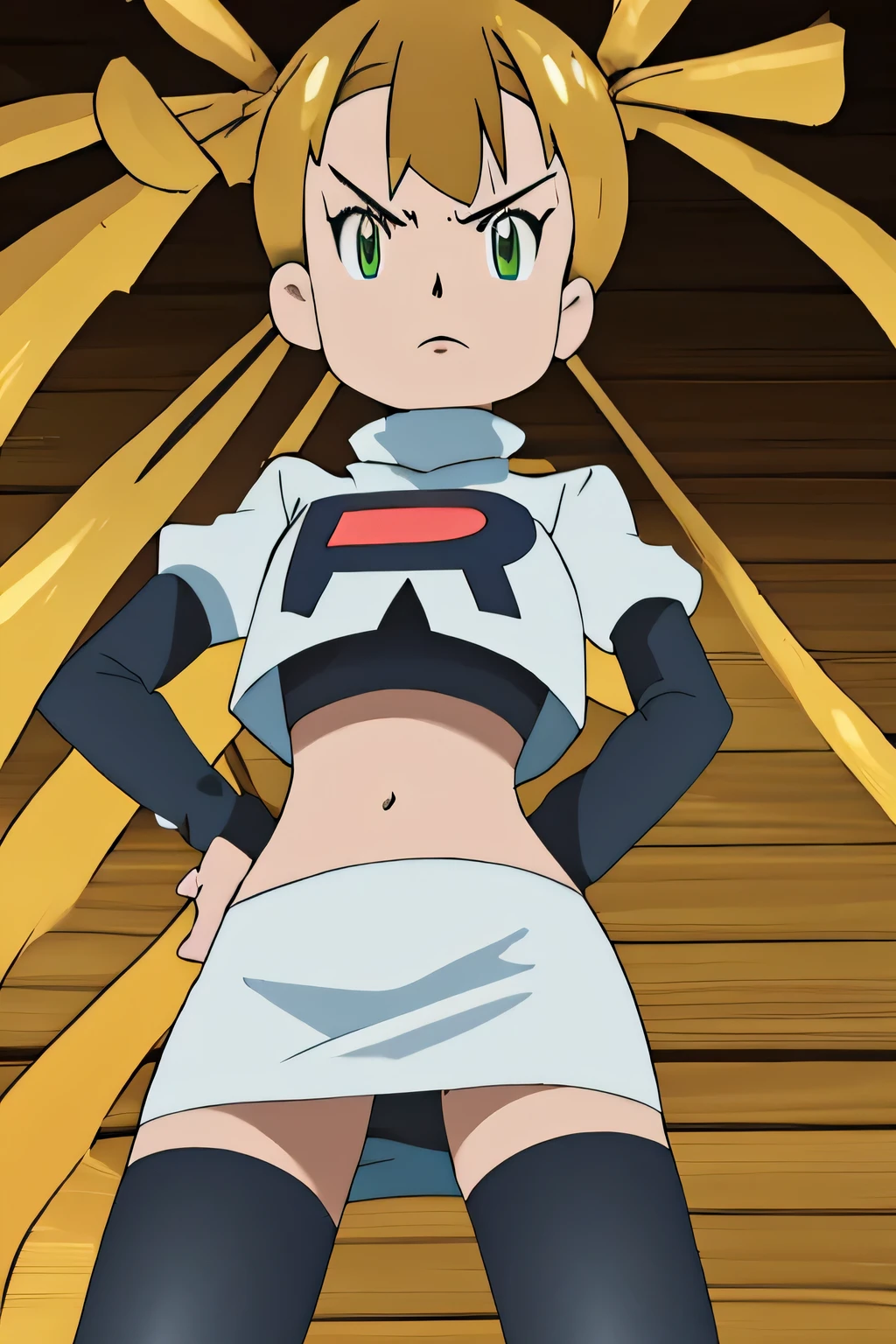 masterpiece,best quality,high res,high quality,Mariabell Crois,8k, masterpiece,highres, team rocket uniform, red letter r, white skirt,white crop top,black thigh-high boots, black elbow gloves, glaring angrily, looking down at viewer, hands on hips, cowboy shot, zettai ryouiki,spread legs,from below, black panties,anime style, vivid colors, sharp focus, intense lighting,