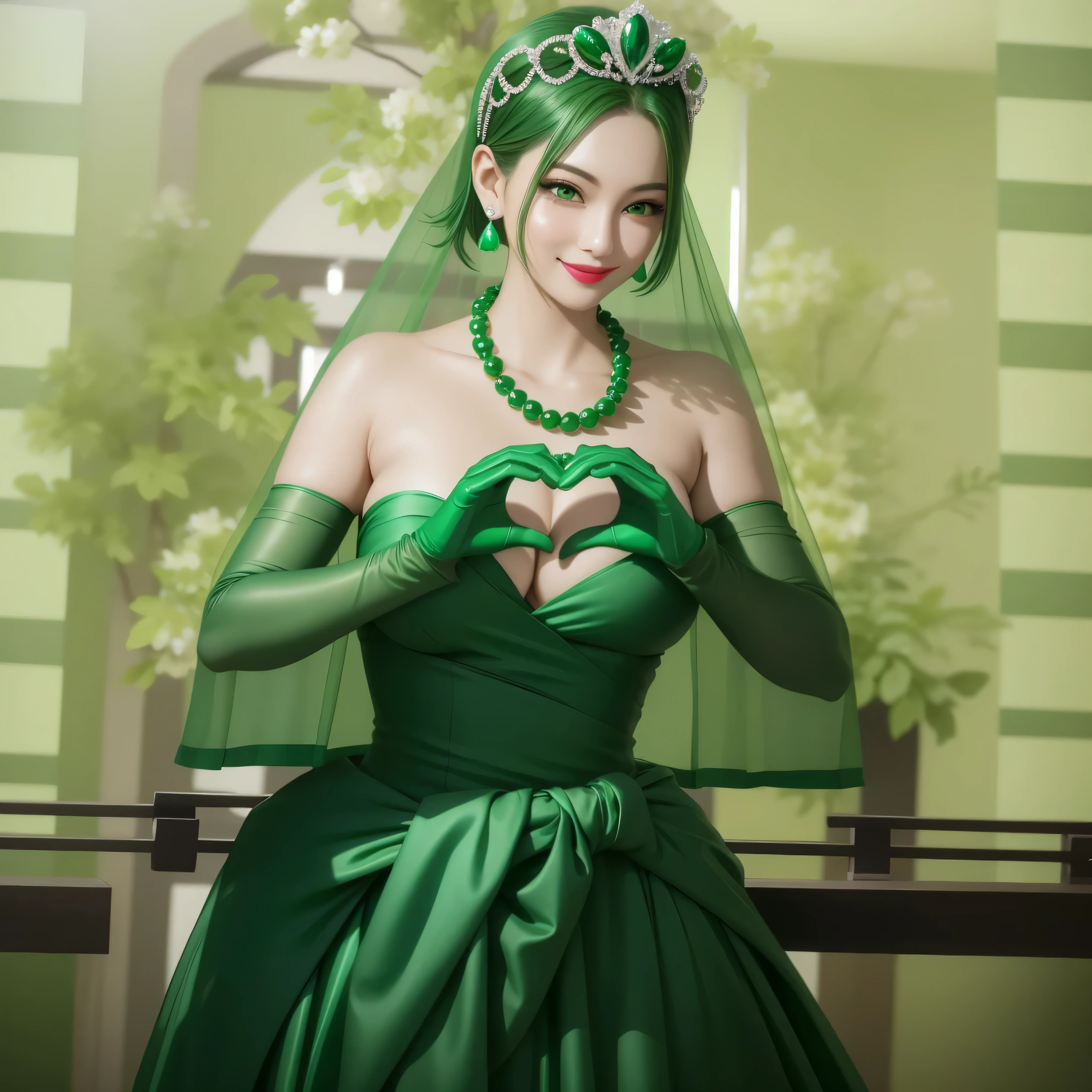 Emerald Tiara, Green Pearl Necklace, boyish very short green hair, Green Lips, Smiling Japanese woman, Very short hair, Beautiful woman with big breasts, Green Eyes, Green satin long gloves, Green Eyes, Emerald Earrings, Green Vale, Heart with both hands, Green Hair, Beautiful Japanese Women, Heart shaped hands:1.3, green lip gloss