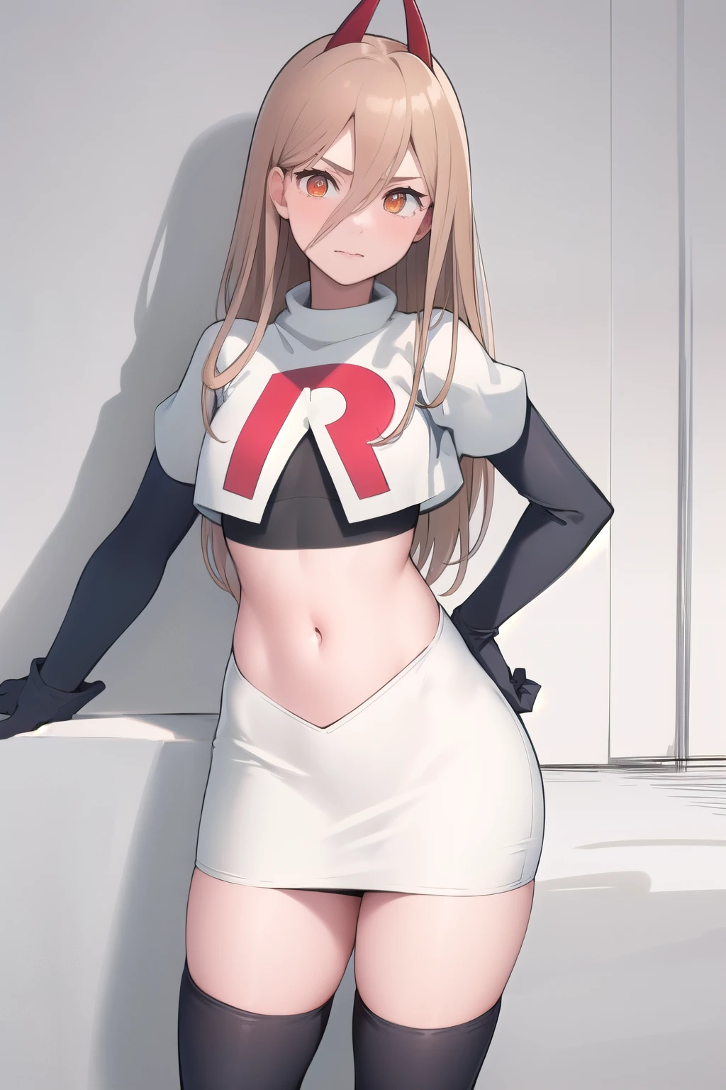 (masterpiece, best quality:1.2), solo, 1girl, power \(csm\), cross-shaped pupils, team rocket,team rocket uniform,white skirt,red letter R,crop top,black thigh-highs,black elbow gloves