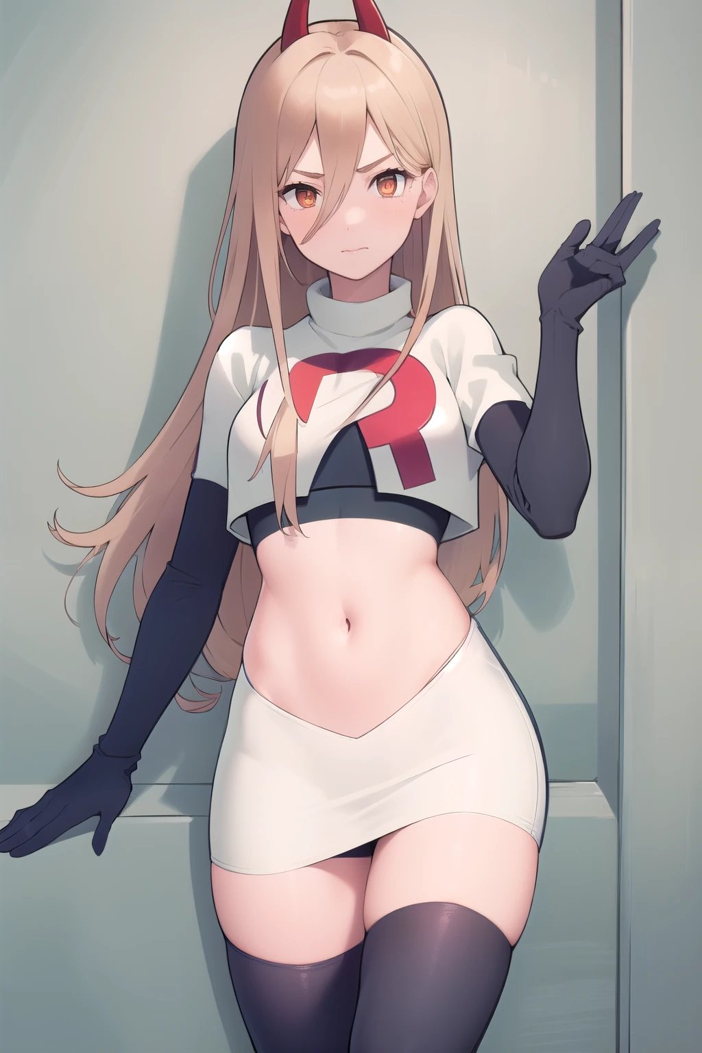 (masterpiece, best quality:1.2), solo, 1girl, power \(csm\), cross-shaped pupils, team rocket,team rocket uniform,white skirt,red letter R,crop top,black thigh-highs,black elbow gloves