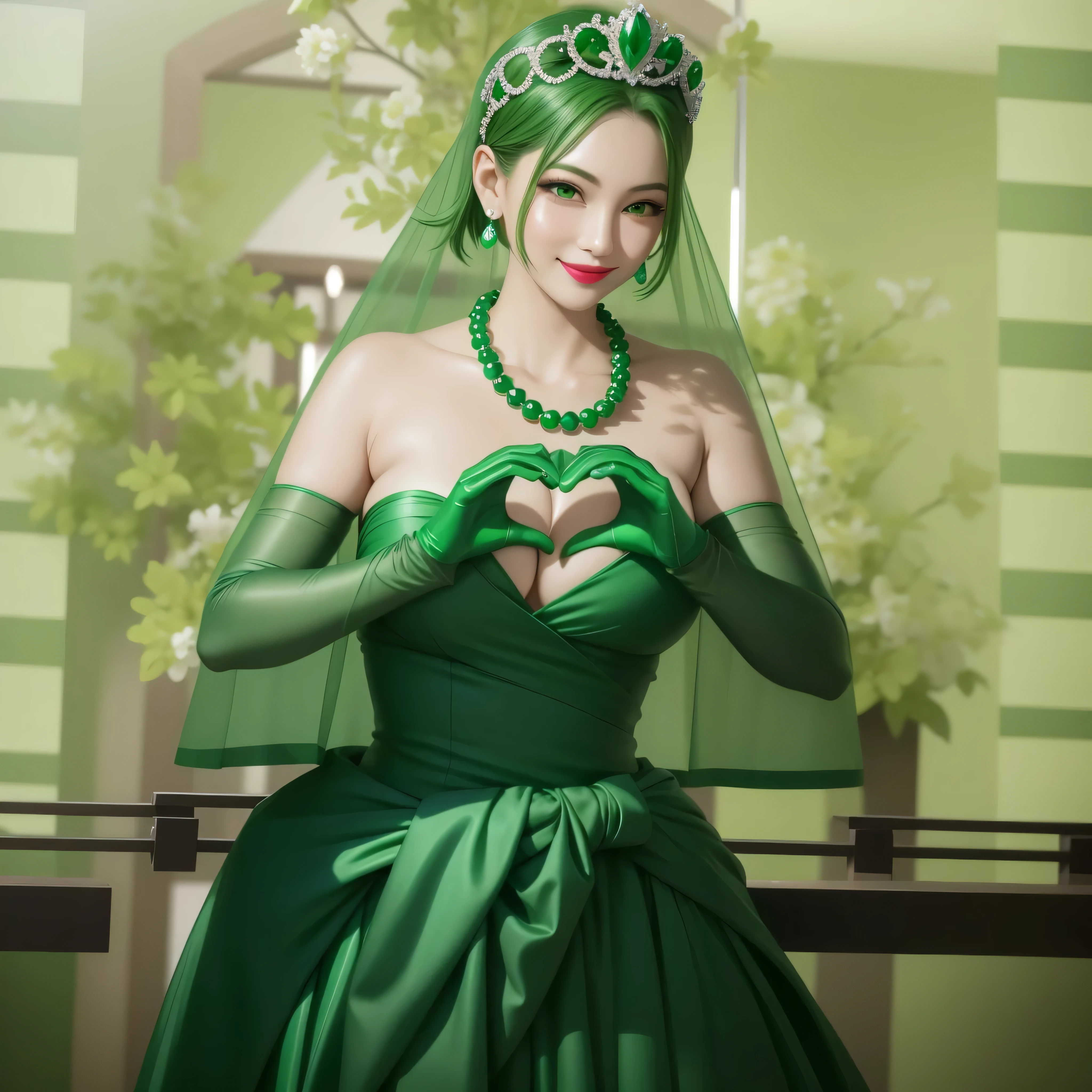 Emerald Tiara, Green Pearl Necklace, boyish very short green hair, Green Lips, Smiling Japanese woman, Very short hair, Beautiful woman with big breasts, Green Eyes, Green satin long gloves, Green Eyes, Emerald Earrings, Green Vale, Heart with both hands, Green Hair, Beautiful Japanese Women, Heart shaped hands:1.3, green lip gloss