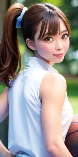 (masterpiece,highest quality,超A high resolution),Japanese women, (((Very beautiful 25 year old girl))), pretty girl、Look at the photographer､  ((beautiful low ponytail)), Very cute face, glossy lips, Double eyelids on both eyes,Natural smile、 Natural Makeup, Long eyelashes, Shiny and smooth hair､Center image,  Perfect limbs, Perfect Anatomy,(((Basketball Sleeveless Uniform)))、,(wet with sweat),,look back