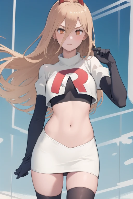 (masterpiece, best quality:1.2), solo, 1girl, power \(csm\), cross-shaped pupils, team rocket,team rocket uniform,white skirt,red letter R,crop top,black thigh-highs,black elbow gloves