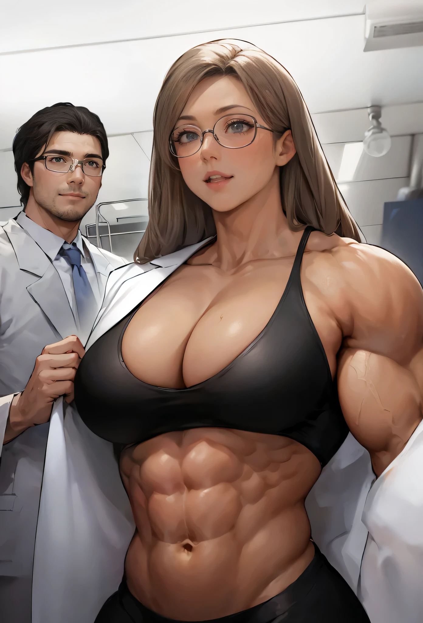 girl and boy,beautiful face,, muscular female, alternate muscle size,hospital,pecs,muscular ,biceps,upper body,blush,glasses