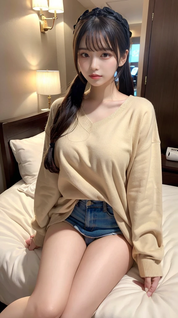 muste piece, best quality, illustration, Super detailed, fine details, High resolution, 8K,wall paper, perfect dynamic composition,(Details High quality, realistic depiction of eyes:1.3), (Fashionable、Beige oversized sweatshirt、long-sleeve), Lying down, twintail, black hair color, Big Natural Color Lip, bold sexy pose, crying a little、cold gaze, Harajuku style、20 year old girl、cute type、ta、beautiful legs, hotel room, hposing Gravure Idol, Voluptuous thighs