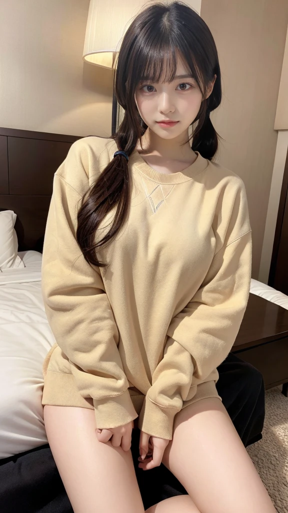 muste piece, best quality, illustration, Super detailed, fine details, High resolution, 8K,wall paper, perfect dynamic composition,(Details High quality, realistic depiction of eyes:1.3), (Fashionable、Beige oversized sweatshirt、long-sleeve),  Lying down, twintail, black hair color, Big Natural Color Lip, bold sexy pose, crying a little、cold gaze, Harajuku style、20 year old girl、cute type、lolita、beautiful legs, hotel room, hposing Gravure Idol, Voluptuous thighs