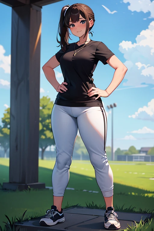 [((masterpiece)), ((HD)), ((high res)), ((full body portrait)), ((waist-up)), ((front view)), ((detailed shading)), ((soft textures)), ((intricate details)), ((anime girl)), ((cinematic)), {attractive; ((36 year old woman)), (brown hair), (short ponytail), (cute blue eyes), ((athletic body)), (curvy hips), (beautiful legs), (cute grin)}, {(white T-shirt), (Black gym sweat pants), (whistle necklace), (black tennis shoes)}, {(standing), (hands on hips), (looking ahead), (looking at viewer)}, [background; (grass plains), (school soccer field), (blue sky), (clouds in sky), (ambient lighting)]

