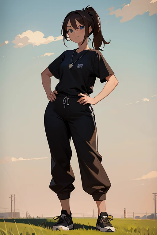 [((masterpiece)), ((HD)), ((high res)), ((full body portrait)), ((waist-up)), ((front view)), ((detailed shading)), ((soft textures)), ((intricate details)), ((anime girl)), ((cinematic)), {attractive; ((36 year old woman)), (brown hair), (short ponytail), (cute blue eyes), ((athletic body)), (curvy hips), (beautiful legs), (cute grin)}, {(white T-shirt), (Black gym sweat pants), (whistle necklace), (black tennis shoes)}, {(standing), (hands on hips), (looking ahead), (looking at viewer)}, [background; (grass plains), (school soccer field), (blue sky), (clouds in sky), (ambient lighting)]
