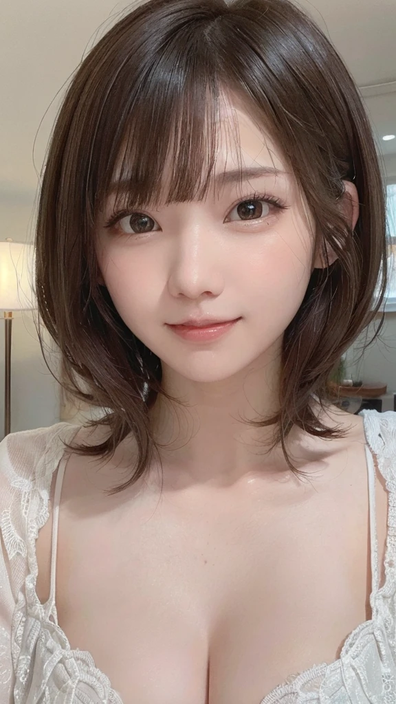 (32k、RAW Photos、highest quality、Masseter muscle area:1.2)、Ultra-detailed、masterpiece、Realistic、The Ultra-detailed、picture、HDR、Side-by-side photos、High resolution、Absurd、Smooth Light、Official Art、Depth of written boundary、Brighter Light、 Close-up、Long and narrow face、Laughter、Laughter、Beautiful and delicate eyes、Japan 19 years old、Spotless、highest qualityの本物の質感の肌、 T-Shirts、In the room、In the room、Self snap、Highly detailed face、Highly detailed eyes、Highly detailed skin、Very fine fingers、Highly detailed nose、Highly detailed detailed mouth、Lifelike face、I have a guitar、sing、Brown haired、Short Curly Hair、(Blunt bangs:1.2)、
