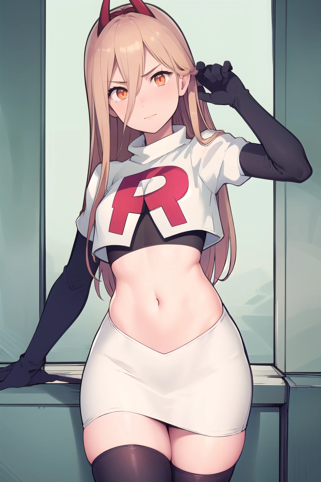 (masterpiece, best quality:1.2), solo, 1girl, power \(csm\), cross-shaped pupils, team rocket,team rocket uniform,white skirt,red letter R,crop top,black thigh-highs,black elbow gloves