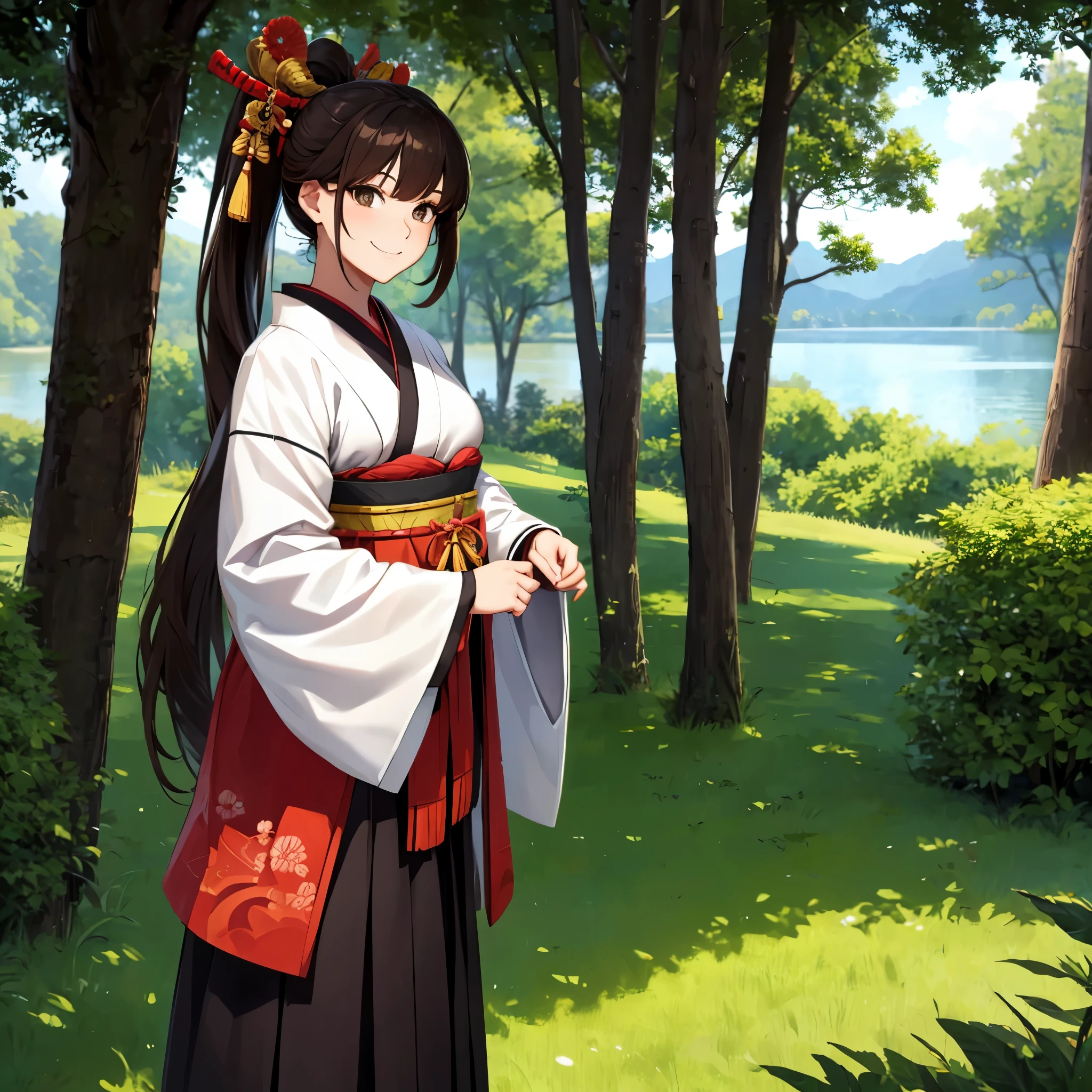 A woman wearing traditional samurai uniform, long brown hair, ponytail hair, long black skirt, in a Japanese themed forest, with a lake, trees providing shade, brown eyes, smiling, HDR, ultra resolution, well defined, masterpiece, 8K HD (woman solo )
