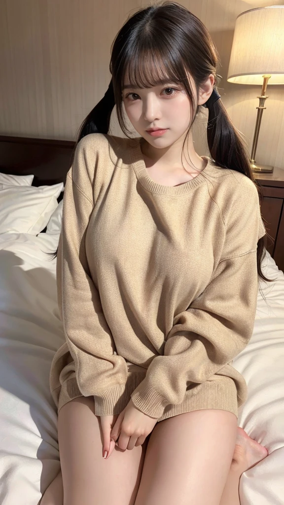 muste piece, best quality, illustration, Super detailed, fine details, High resolution, 8K,wall paper, perfect dynamic composition,(Details High quality, realistic depiction of eyes:1.3), (Fashionable、Beige oversized sweatshirt、long-sleeve), Lying down, twintail, black hair color, Big Natural Color Lip, bold sexy pose, crying a little、cold gaze, Harajuku style、20 year old girl、cute type、lolita、beautiful legs, hotel room, hposing Gravure Idol, Voluptuous thighs