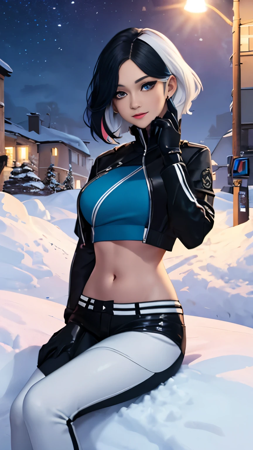 (Highly quality, masterpiece, detailed), night snowing city detailed scenario, night snowing city detailed background, 20 years old girl, solo, luna_snow, happy faces, black hair, white hair, multi-colored hair, short hair, blue eyes, white eyes, multicolored eyes, black Leather crop top jacket, white leather shorts, white midriff, blue midriff, multicolored midriff, black gloves, white gloves, multi colored gloves, sitting on pile of snow ,navel, perfect face, beautiful eyes, looking at the viewer, Sexy pose