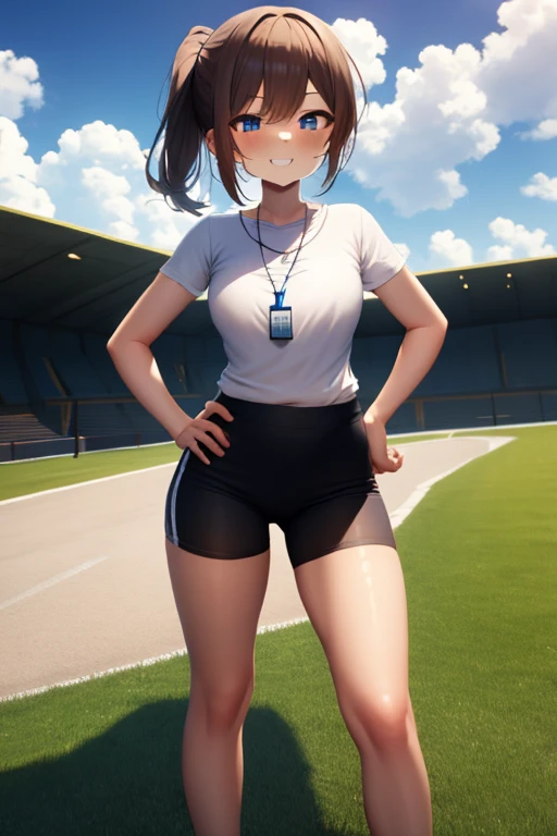 [((masterpiece)), ((HD)), ((high res)), ((full body portrait)), ((waist-up)), ((front view)), ((detailed shading)), ((soft textures)), ((intricate details)), ((anime girl)), ((cinematic)), {attractive; ((36 year old woman)), (brown hair), (short ponytail), (cute blue eyes), ((athletic body)), (curvy hips), (beautiful legs), (cute grin)}, {(white T-shirt), (Black gym sweat pants), (whistle necklace), (black tennis shoes)}, {(standing), (hands on hips), (looking ahead), (looking at viewer)}, [background; (grass plains), (school soccer field), (blue sky), (clouds in sky), (ambient lighting)]
