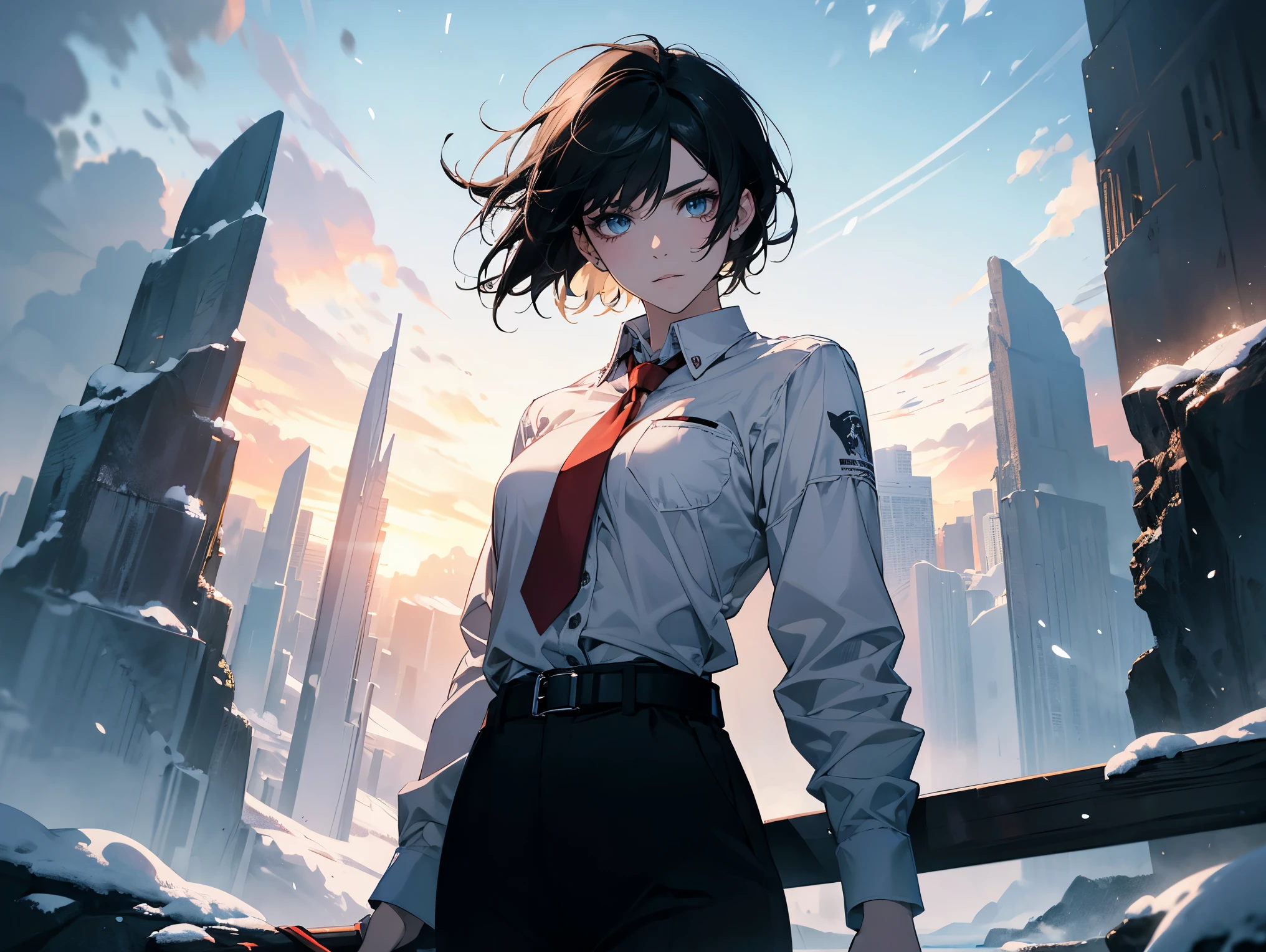 1 female,, 26 year old, feminine, short black hair, Attractive, red tie, White shirt, Black belt, Black pants, Long large eyes of ocean color, Beautiful blue eyes、beautiful short hair、no expression, holding a sky blue sword, black hilt, Trending on ArtStation, 8K resolution, Highly detailed, Anatomically correct, Sharp Image, Digital Painting, Concept art,of the highest quality、snowy forest background, flying pages