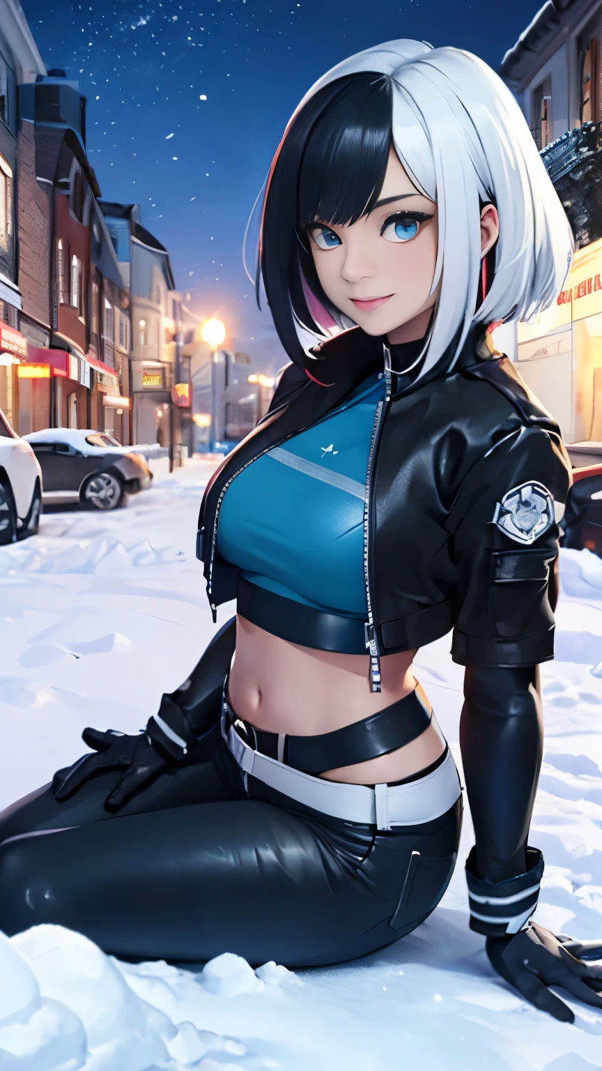 (Highly quality, masterpiece, detailed), night snowing city detailed scenario, night snowing city detailed background, 20 years old girl, solo, luna_snow, happy faces, black hair, white hair, multi-colored hair, short hair, blue eyes, white eyes, multicolored eyes, black Leather crop top jacket, white leather shorts, white midriff, blue midriff, multicolored midriff, black gloves, white gloves, multi colored gloves, sitting on pile of snow ,navel, perfect face, beautiful eyes, looking at the viewer, Sexy pose