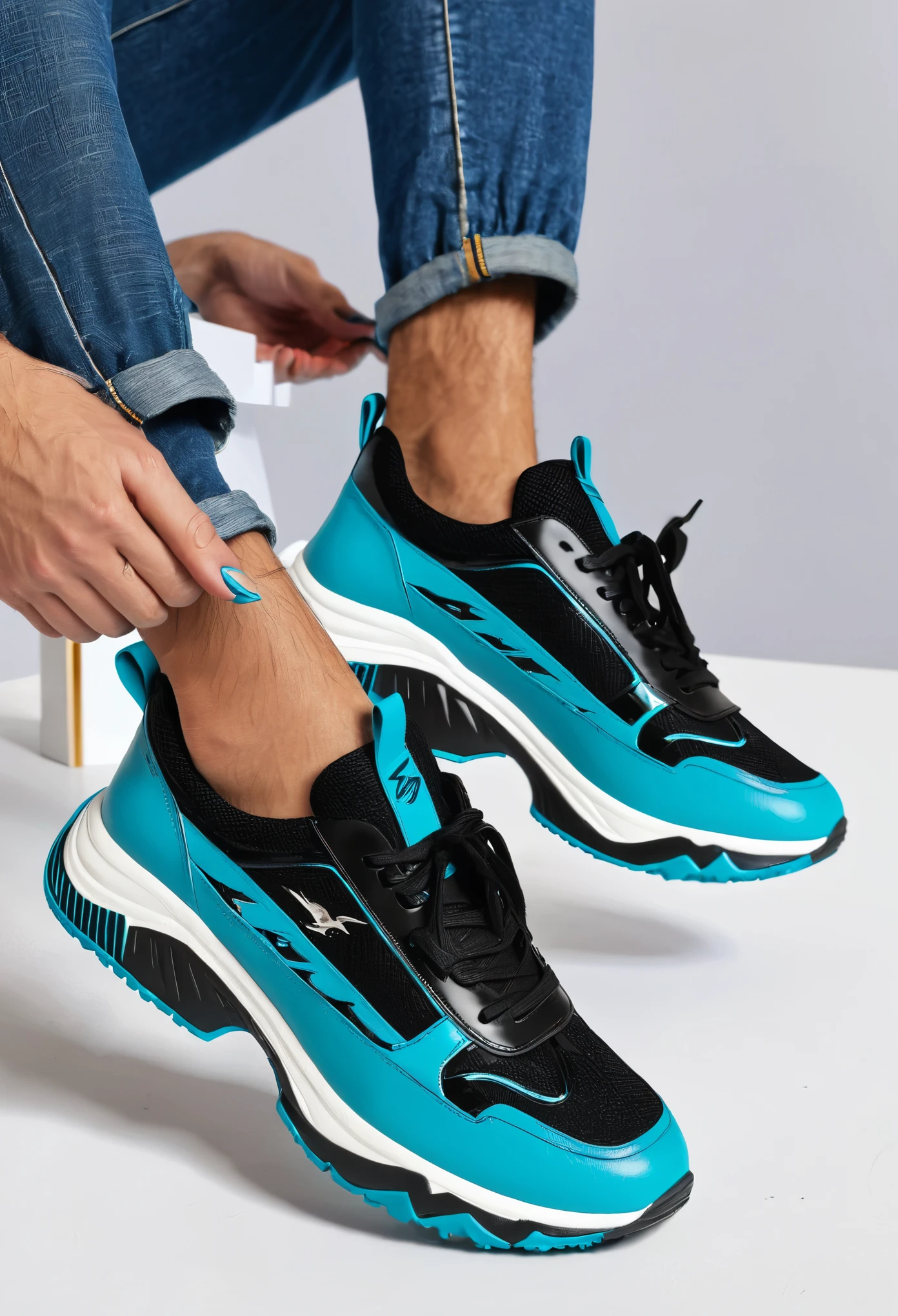 Black men&#39;s sneakers with thunder details in turquoise blue 