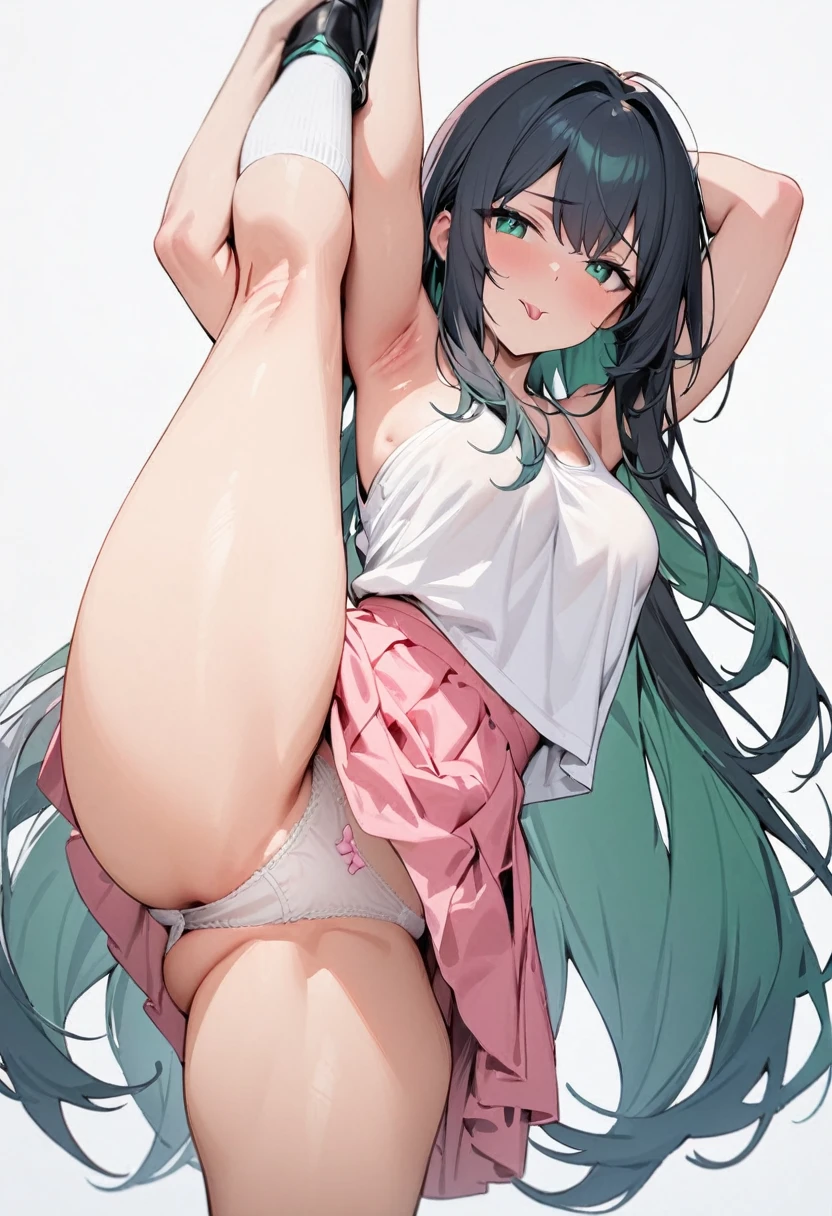 (masterpiece, highest quality:1.2), 1 girl, alone, standing splits pose, long hair white，Loose white tank top, pink skirt, blue-green eyes, medium breasts, exposed legs, black shoes, tongue out, winking eyes, white knee socks, white panties with pink bow, thick thighs