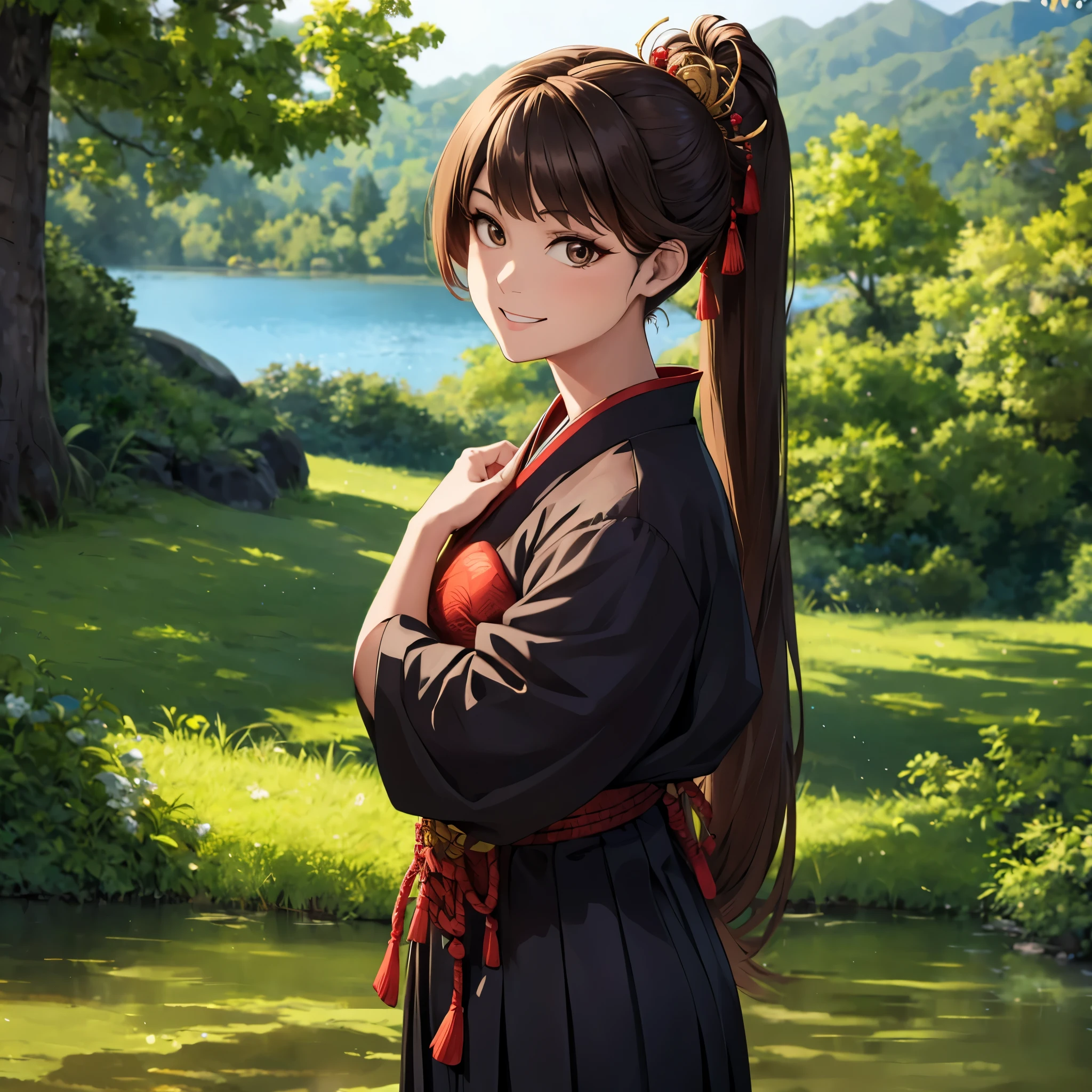 A woman wearing traditional samurai uniform, long brown hair, ponytail hair, long black skirt, in a Japanese themed forest, with a lake, trees providing shade, brown eyes, smiling, HDR, ultra resolution, well defined, masterpiece, 8K HD (woman solo )
