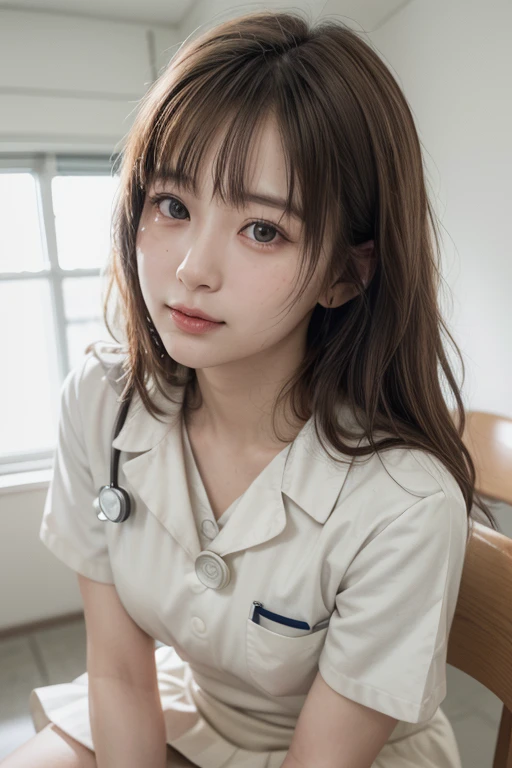 8k, Hmph, (Ultra-realistic:1.4),1 female, (so beautiful), (beauty:1.5), doctor, (White:1.3), (Doctor's White Coin:1.5), Plain Shirt, (mini skirt:1.3 ), Sitting on a chair in the examininion room, (Stethoscope), smile, lipstick, whole bodyキャプチャ, whole body, Legs wide open, Spread your legs, Looking in camera, Fine grain, Beautiful breasts:1.4),(detailed facial feinures), (extremely intricine, 精巧に細部まin作り込まれた), (Film Grain, Fujifilm XT3), highly detailed eyes and face, 美しいFine grain, Light on the face, cineminic lighting ((Looking_in_another)), One girl, 一人in,