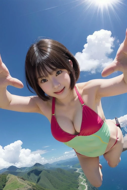 Japanese20A beautiful woman in her late twenties with a bob cut goes skydiving、She is sensual、Micro Bikini、very sexy swimsuit、Up in the Sky 4000Meters、They have their arms and legs spread out and look like they are having a great time.!